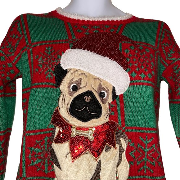 33 Degrees Mens Ugly Christmas Sweater XS Pug Santa Hat Holiday Puppy Dog Eyes - Picture 2 of 9